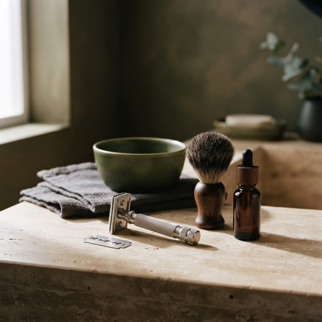 A refined arrangement of grooming tools. Placeholder — replace with final line photography.